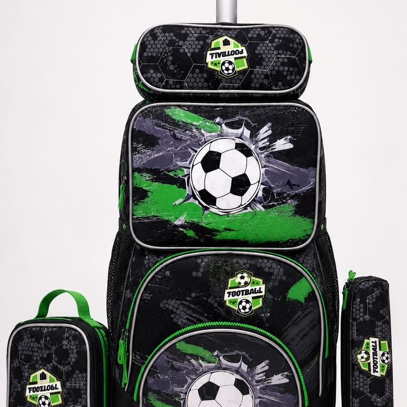 Football Theme Kids Trolley School Bag – Black & Green