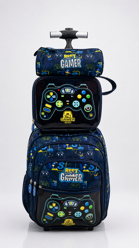 Gaming Theme Kids Trolley School Bag – Navy Blue