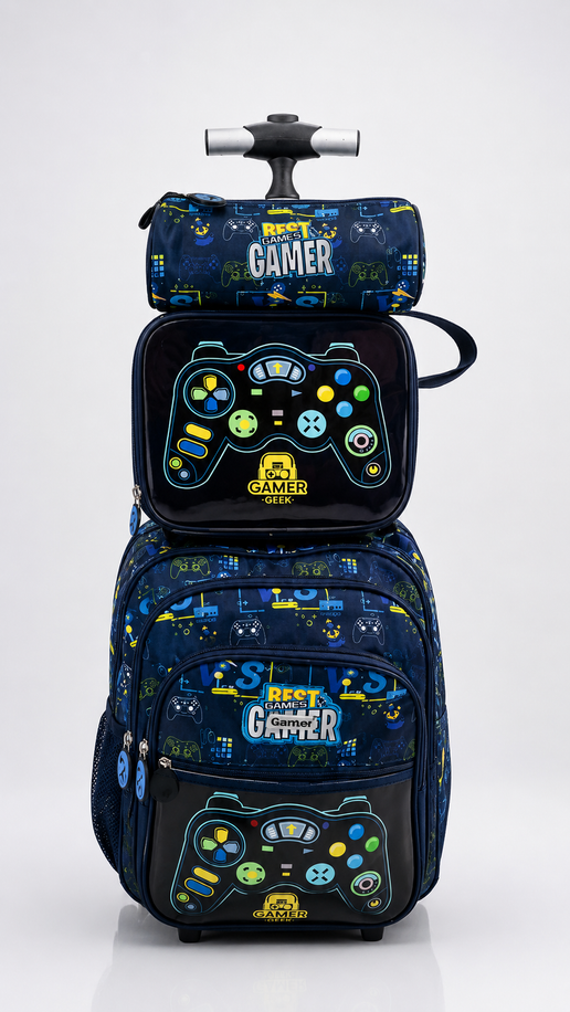 Gaming Theme Kids Trolley School Bag – Navy Blue