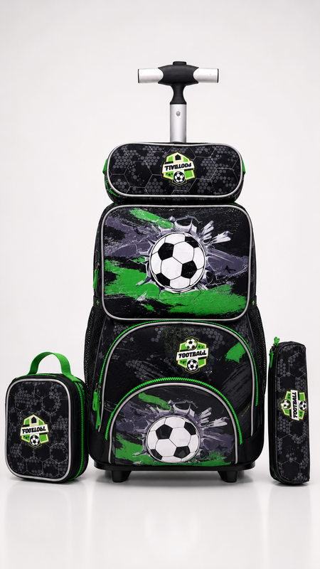 Football Theme Kids Trolley School Bag – Black & Green