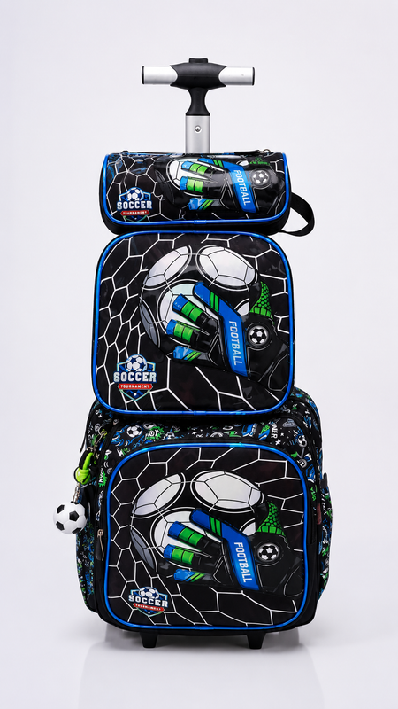 Soccer Theme Kids Trolley School Bag – Black & Blue
