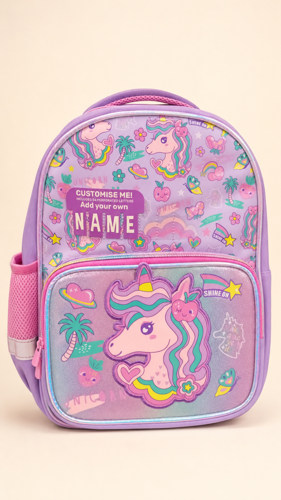 Custom Name Pastel Unicorn Backpack – Pink & Purple available at Aryans Toys Pakistan