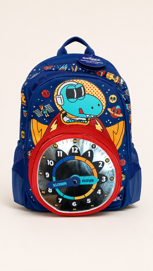 Dinosaur Learning Clock Kids Backpack – Blue & Red available at Aryans Toys Pakistan