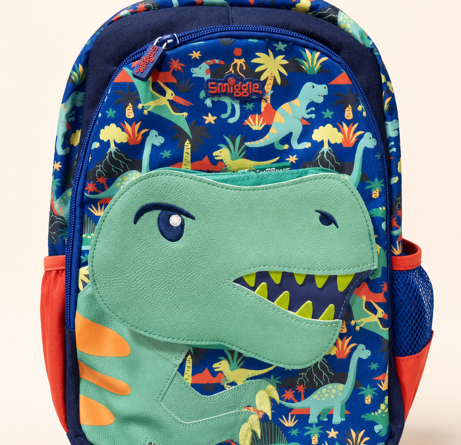 3D Dinosaur Kids School Backpack – Blue & Green available at Aryans Toys Pakistan