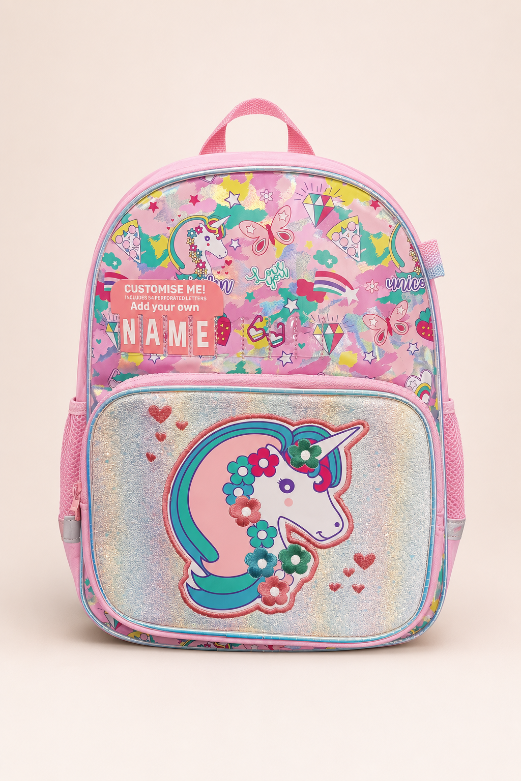 Custom Name Glitter Unicorn Backpack – Pink available at Aryans Toys Pakistan