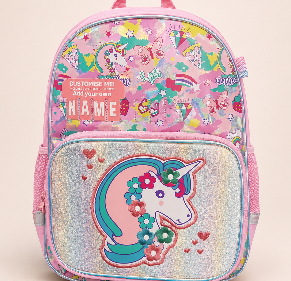 Custom Name Glitter Unicorn Backpack – Pink available at Aryans Toys Pakistan