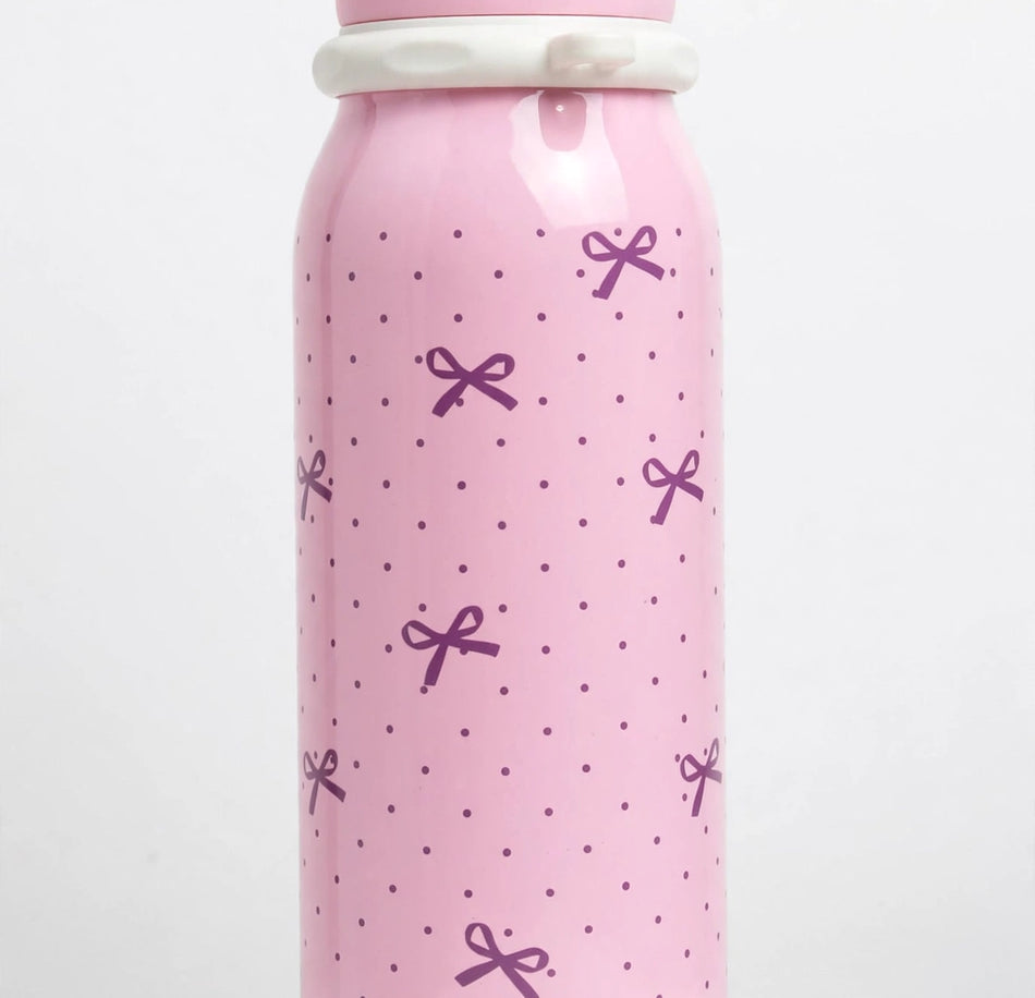 pink bow kids water bottle - pink & white